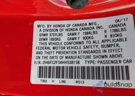 2017 Honda Civic Lx from USA, damaged, VIN 2HGFC2F54HH538158